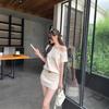 Slant Shoulder Short Sleeve Knitted Dress Women's Summer Waist Beautiful Small Skirt Short Skirt