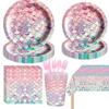 Mermaid-Themed Birthday Party Tableware Set: Disposable Tablecloth, Cups, Napkins, Plates.