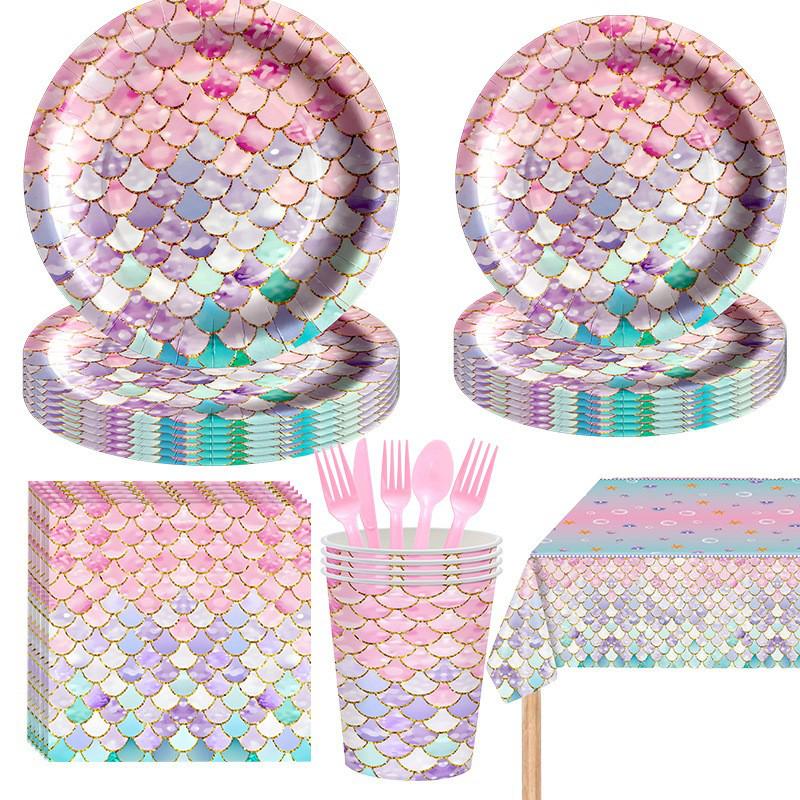 Mermaid-Themed Birthday Party Tableware Set: Disposable Tablecloth, Cups, Napkins, Plates.