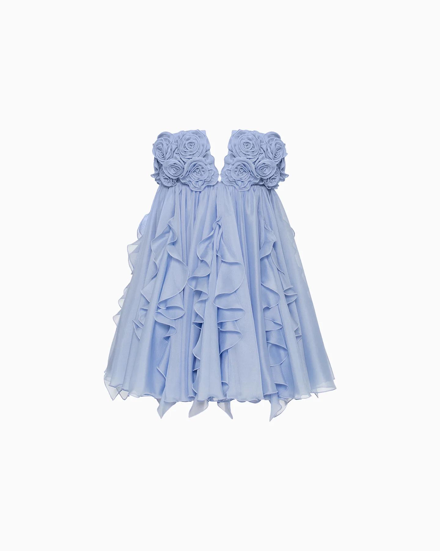 2026 Strapless Floral Ruffle Hem Slimming Short Dress for Women Small светло-синий