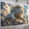 Majestic White Lion Tapestry Wall Hanging, Red Eyed Flying Lion In Clouds, Fantasy Animal Print Home Decor For Living Room