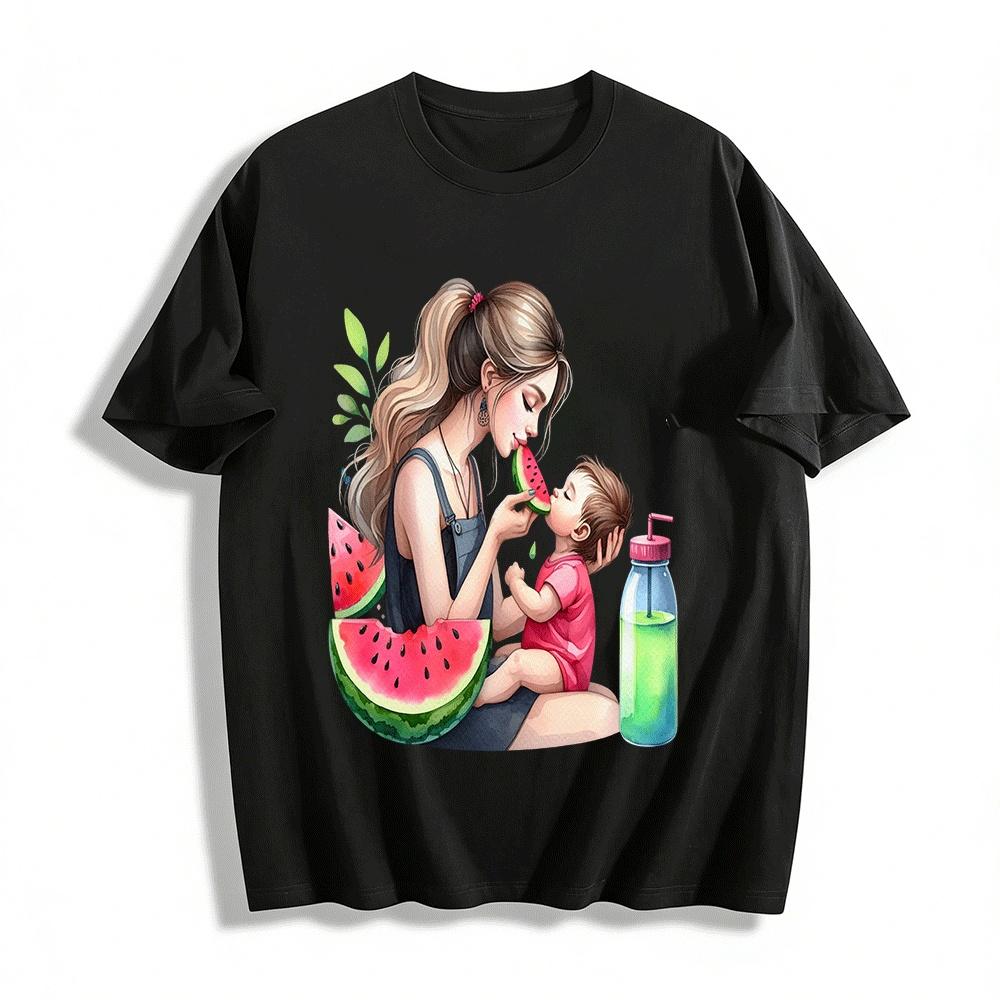 Mom And Baby Sharing Watermelon Graphic Tee Pure cotton T-shirt XXS