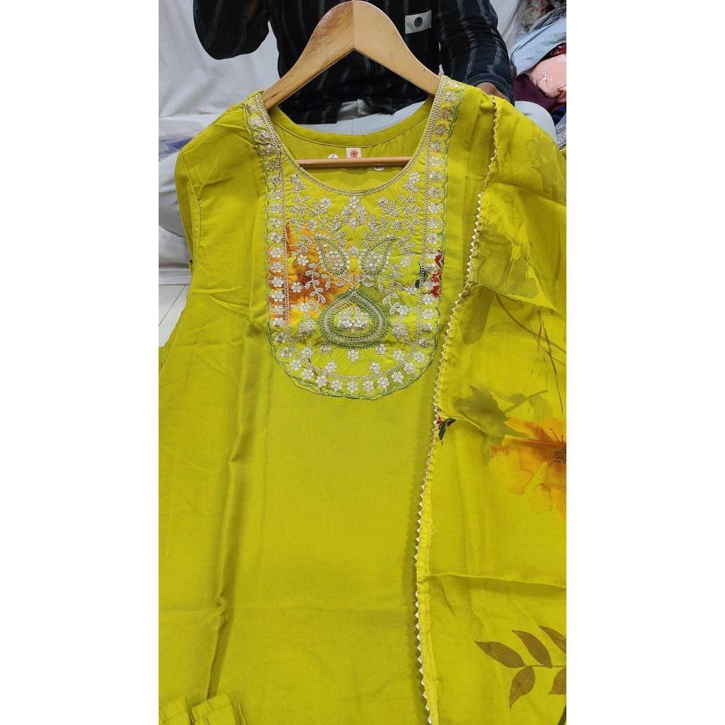 Women's Rayon Embroidered Straight Kurta with Pant And Dupatta Sets