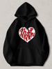 Black Pullover Hoodie with White Heart Graphic And Red Math Text Casual Long Sleeve Sweatshirt with Kangaroo Pocket for Daily Wear