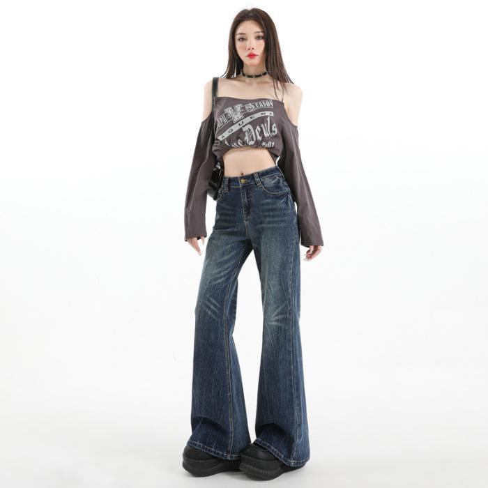 American retro Spice Girls Low Waist Flared Pants Elastic Slim Skinny Autumn and Winter Jeans Women's & Trousers Extended Pattern