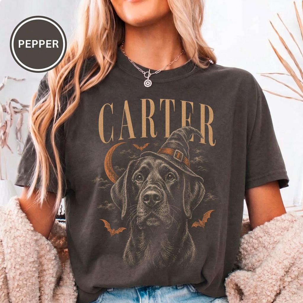 Custom Labrador Tee, Personalized Dog Name, Halloween Witch Hat, Spooky Dog Mom, Trick or Treat, Comfort Colors
