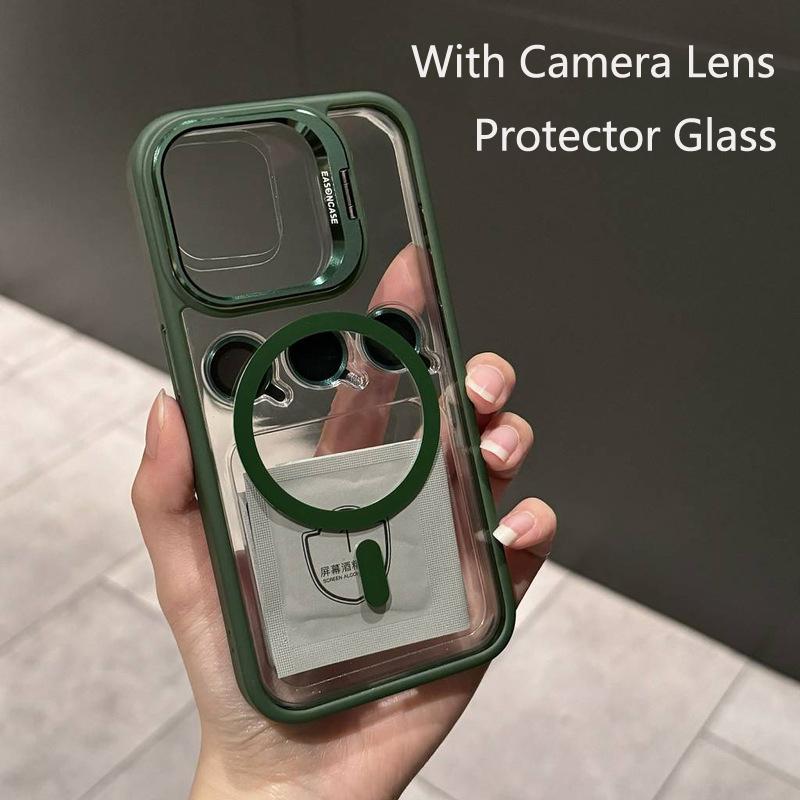 For Magsafe Magnetic Lens Protection Stand Case For iPhone 15 12 13 14 11 Pro Max Camera Lens Glass Transparent Metal Ring Cover