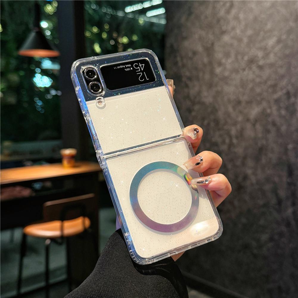 Suitable for Samsung Zflip6 Folding Mobile Phone Case Transparent Glitter Hard Shell Zflip5 Colorful Magnetic Suction Case Zflip3 4