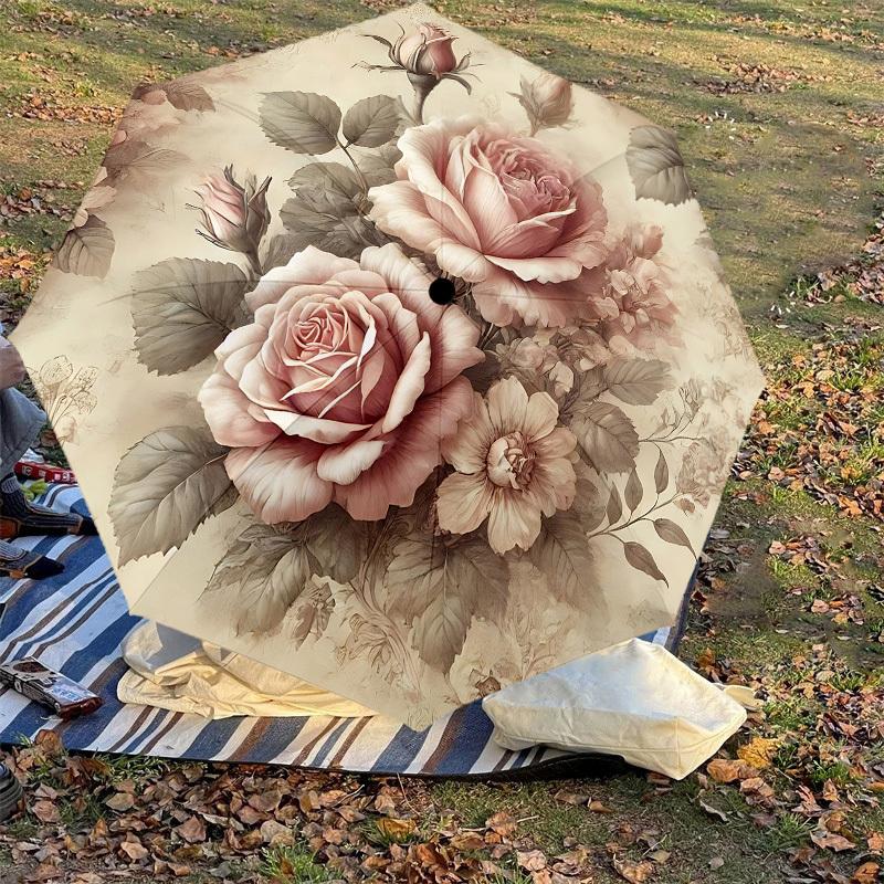 1PC Rose Floral Umbrella-8-Rib Reinforced, Automatic Open, Lightweight & Durable, Cute Fashion Accessory for Outdoor, Beach, or Casual Use, Beach Umbr