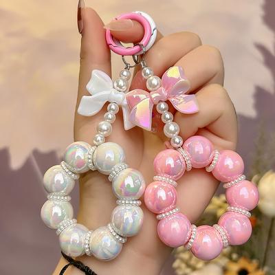 Korean Bow Pearl Pendant For Iphone Girl Phone Key Chain Jewelry Gifts Charm Hanging Cord Bracelet Lanyard Colorful Bead Chain