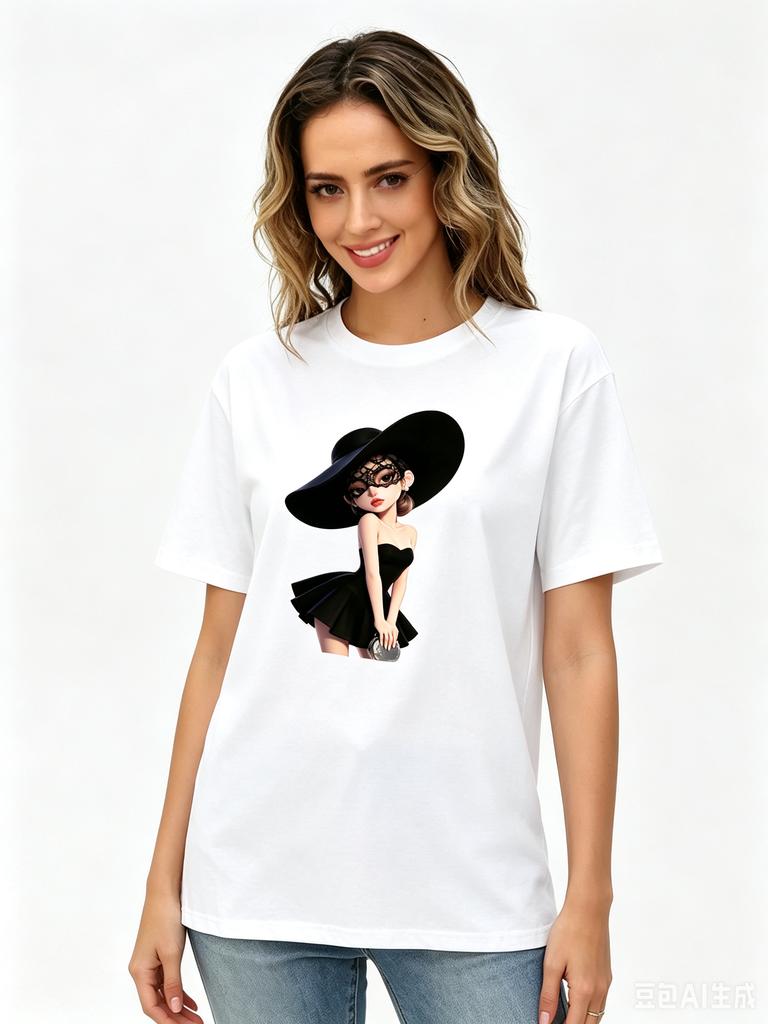 Cotton Cartoon Elegant Lady With Big Black Hat Print Women T Shirt Fashion Doll Graphic Crew Neck Loose Short Sleeve YK