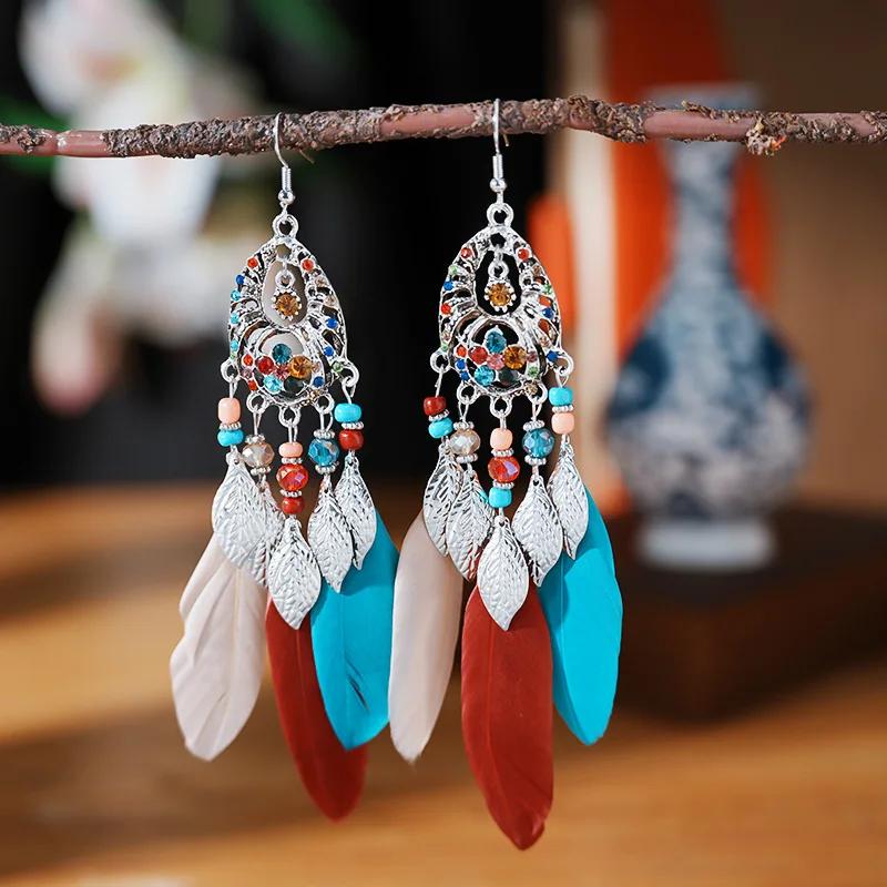 Bohemain Feather Long Earrings For Women Vintage Geometric Handmade Crystal Beads Wedding Drop Dangle Boho Girls Ear Jewelry