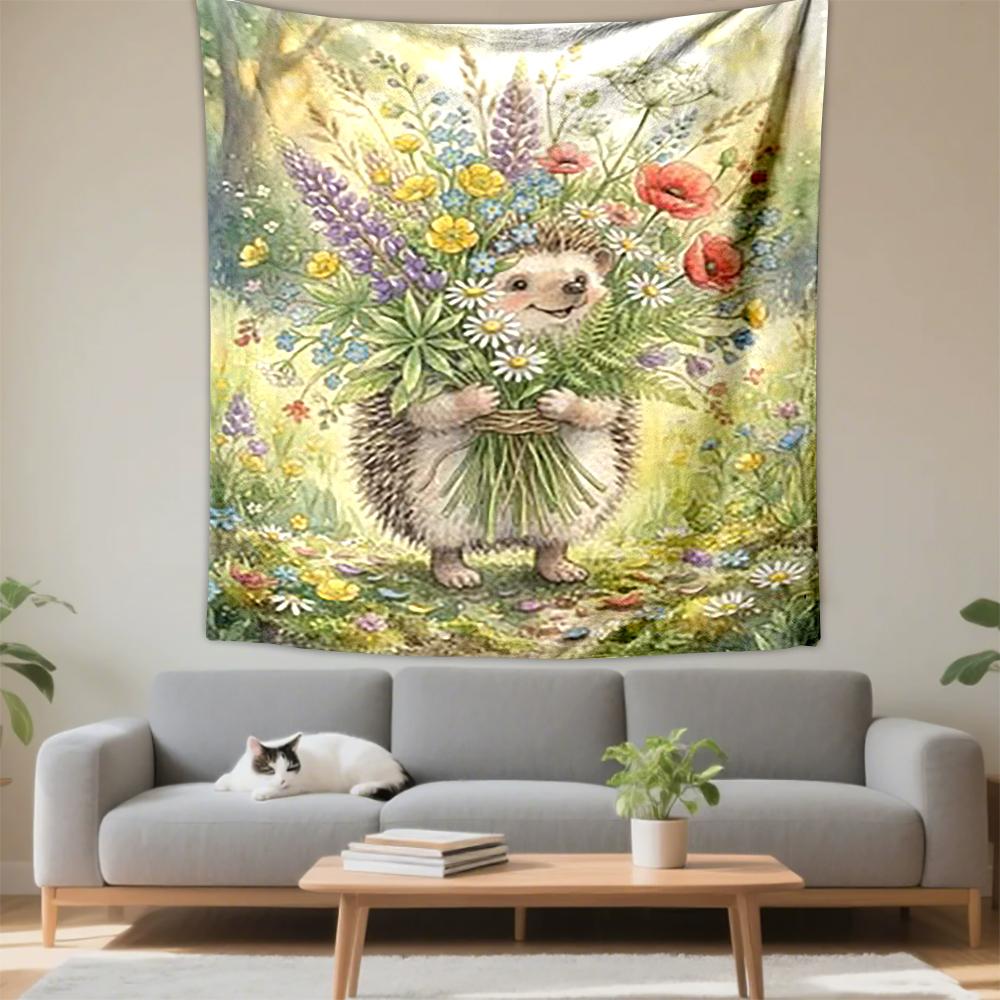 Cute Hedgehog with Colorful Wildflowers Patterned tapestry for bedroom and living room home decor