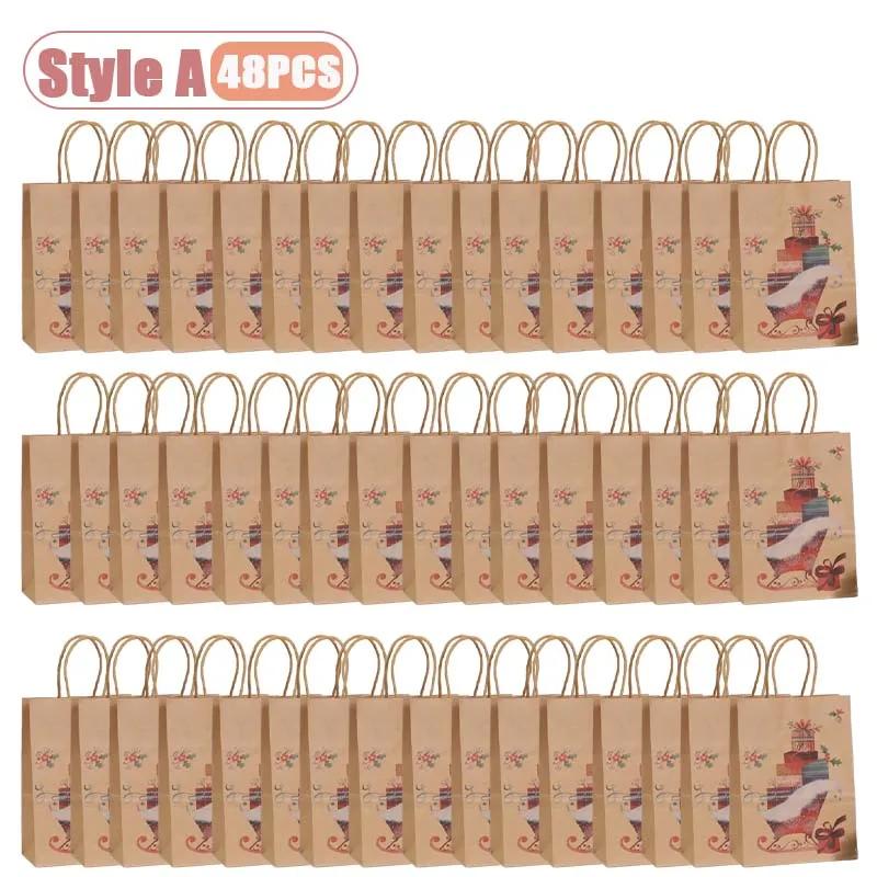 12-48PC Handheld Christmas Kraft Paper Gift Bag Durable Eco Friendly Holiday Party Paper Bag Festive Gift Wrapping Holiday Gift