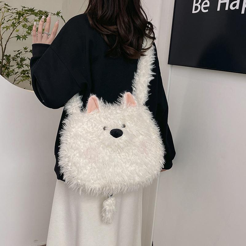 Cute Cartoon Dog Student Shoulder Bags For Women Girls Large Capacity Messenger Bag Simple Sweet Plush Female Handbags Gifts