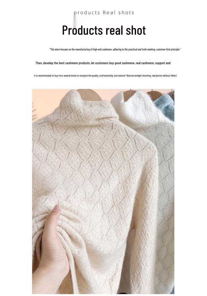 Women's Pure Cashmere High Neck Crochet Knit Sweater