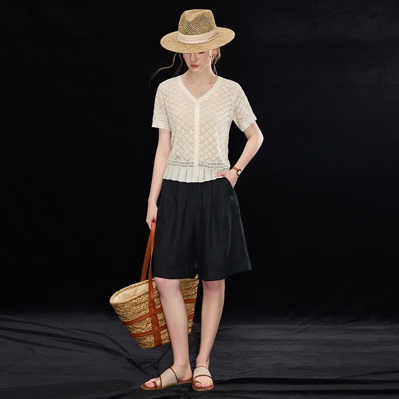 Wudao Women's V-Neck Linen Blend Knit Short Sleeve Top