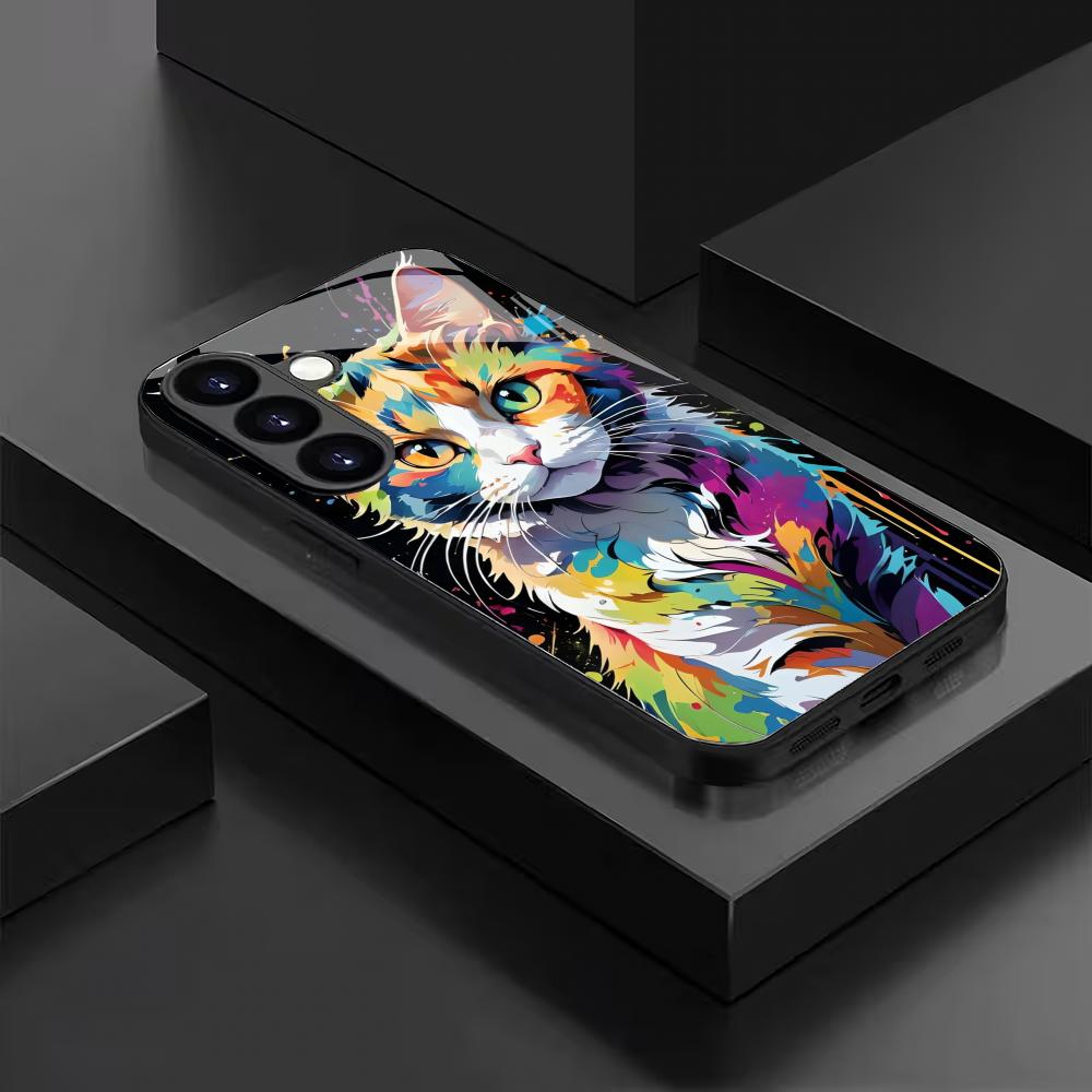 Colorful Cat Black Tempered Glass Phone Case Suitable for Samsung Galaxy S26 S25 S24 S23 S22 S21 S20 FE/Ultra/Plus Anti Fall
