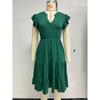 Spring Summer New Solid Color V-neck Loose Short Sleeve Waist-tucked Patchwork Dress for Amazon Cross-border Trade Women