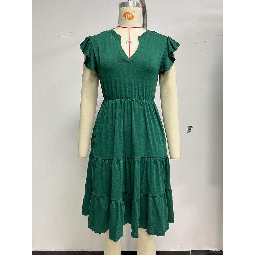 Spring Summer New Solid Color V-neck Loose Short Sleeve Waist-tucked Patchwork Dress for Amazon Cross-border Trade Women