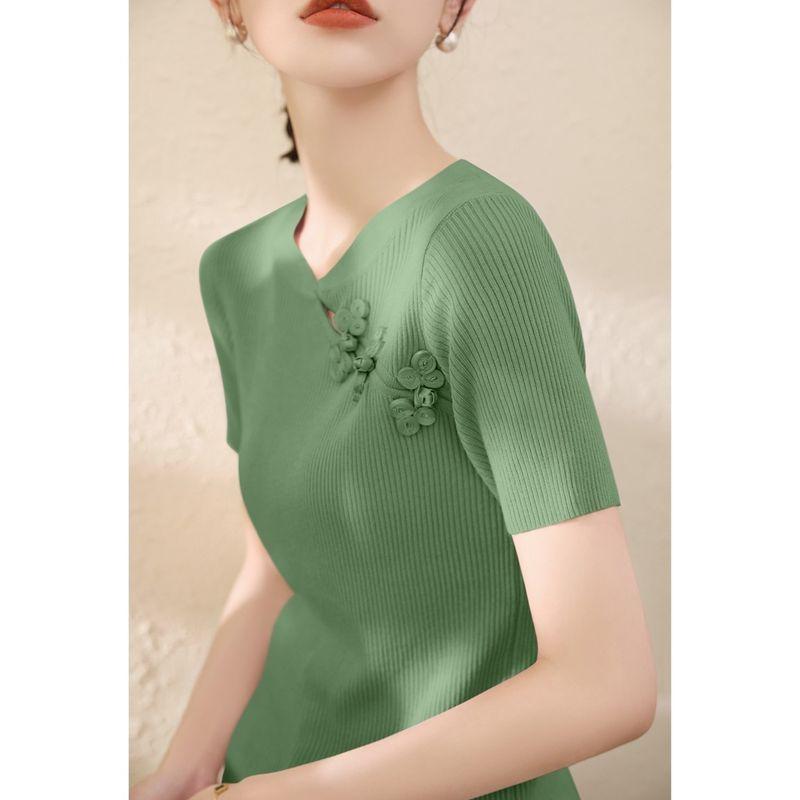 

Лето 2025 Новый китайский стиль V-образный вырез Ледяной шелк Национальный стиль Топы Женская лиоцелл тенсел футболка с коротким рукавом Зеленый трикотаж Тонкий Jungle Green L([Recommended 55.00 kg-60.00 kg]])