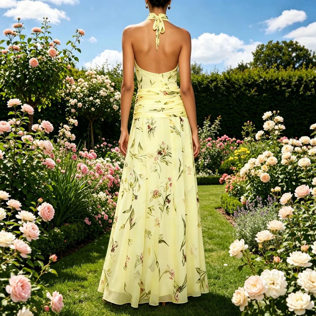 Europäisches und amerikanisches, französisches Halsblumenkleid, farbenfrohes Chiffon-Faltenbund ärmelloses schulterfreies Feenkleid