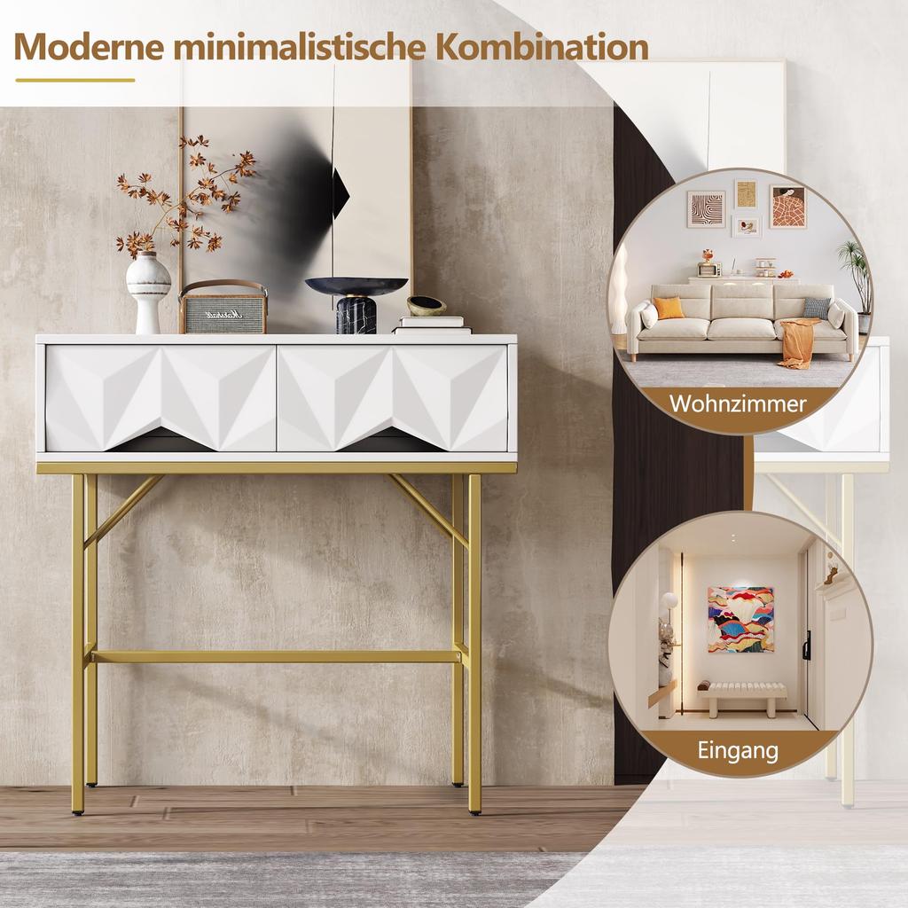 Console Table, Hallway Table with 2 Drawers, Side Table Wood, Sofa Table with Stable Metal Frame