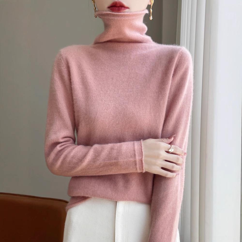Women's 100% Wool Rolled Edge Turtleneck Sweater - Loose Fit Pullover Knit Base Layer