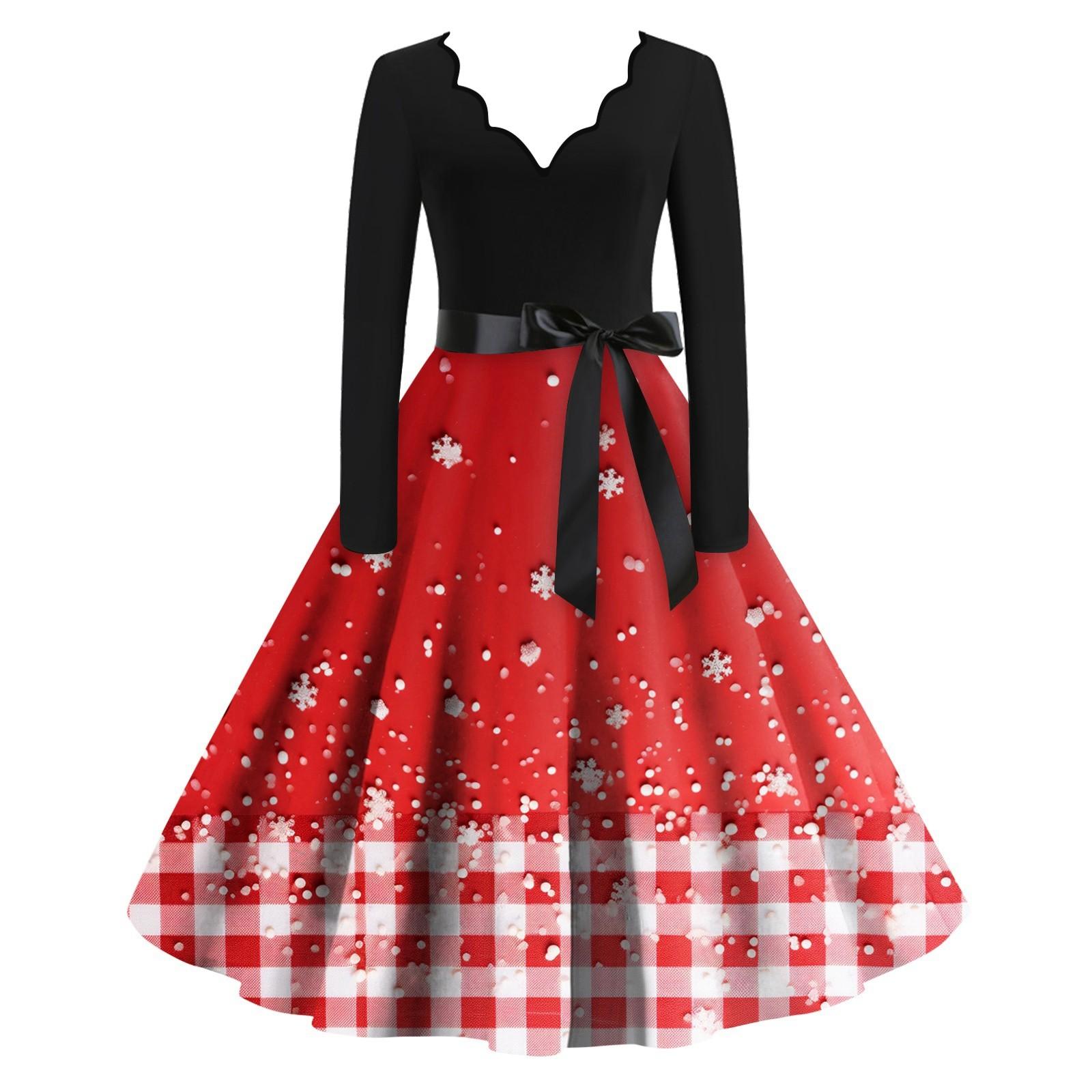 

Женское облегающее платье свободного кроя с принтом в виде снежинок и рождественской клеткой, контрастным V-образным вырезом и длинными рукавами S красный