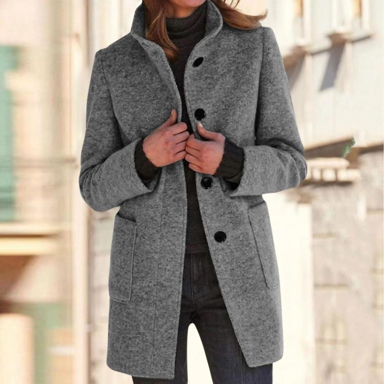 Women's Casual Solid Color Woolen Jacket with Collar and Pocket Long Sleeve Button Up Coat