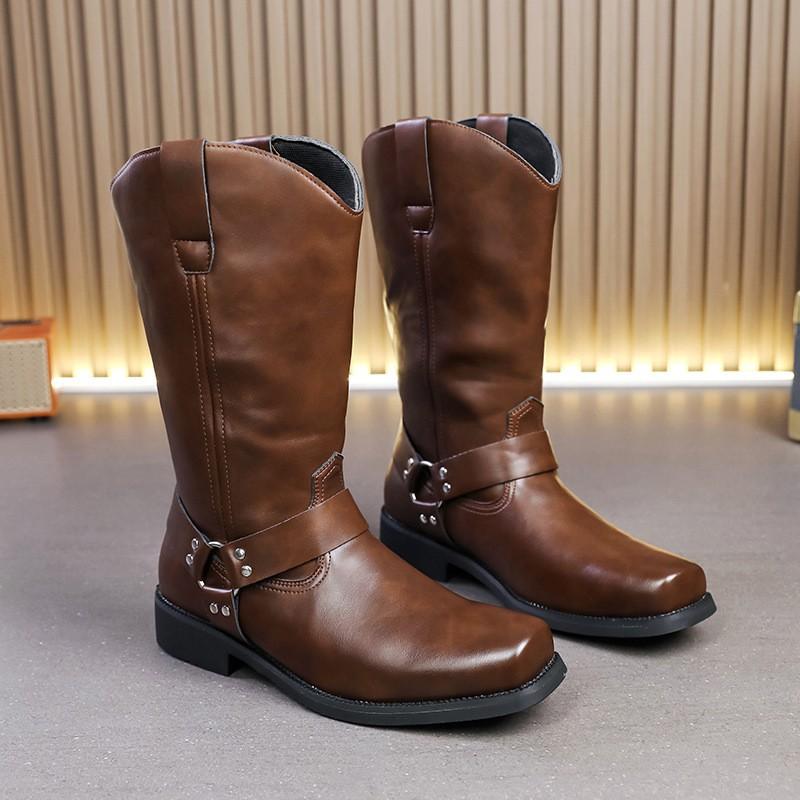Mens Chunky Sole Leather Look Combat Boots High Top Retro Style Square Toe Mid-Calf Fashion Casual Streetwear