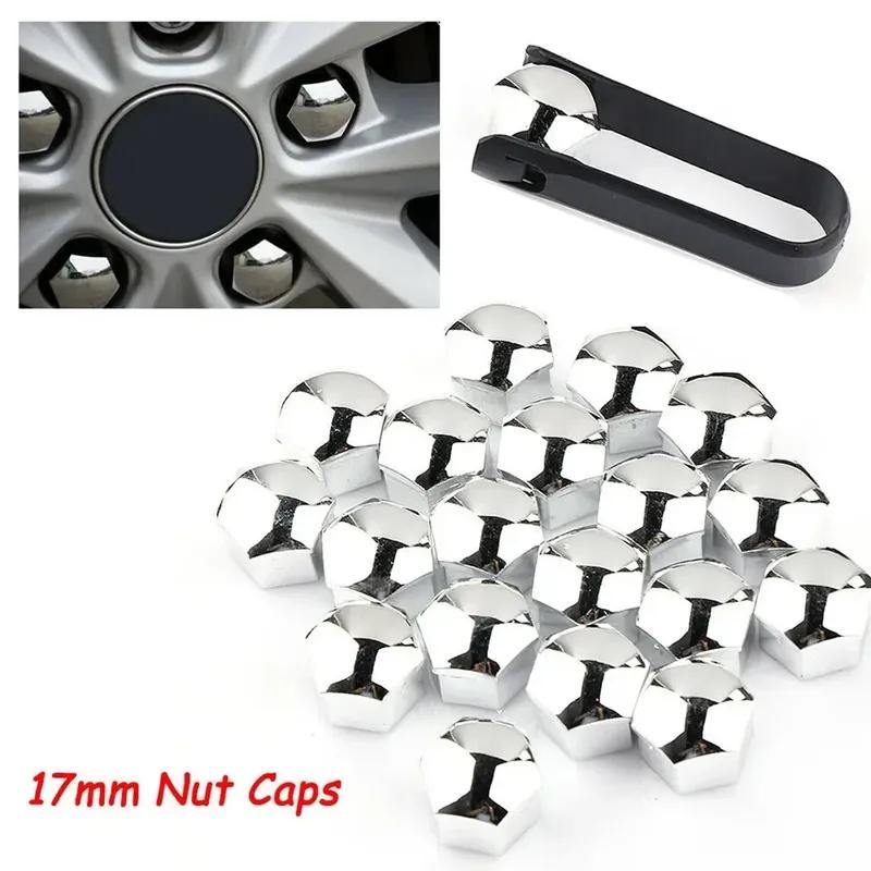 VERYUS 20Pcs 17mm Car Wheel Nut Cover Silver Alloy Wheel Nuts Bolt Caps Dust Cap Protection Anti-Rust Hub Screw Cover With Remov