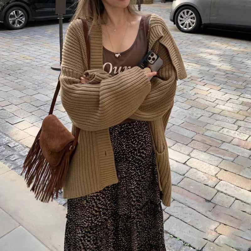 

Модный новый повседневный свободный вязаный кардиган куртка женская осень и зима длинный рукав женский свитер пальто элегантный винтажный женский трикотажный кардиган 24785 One Size верблюд