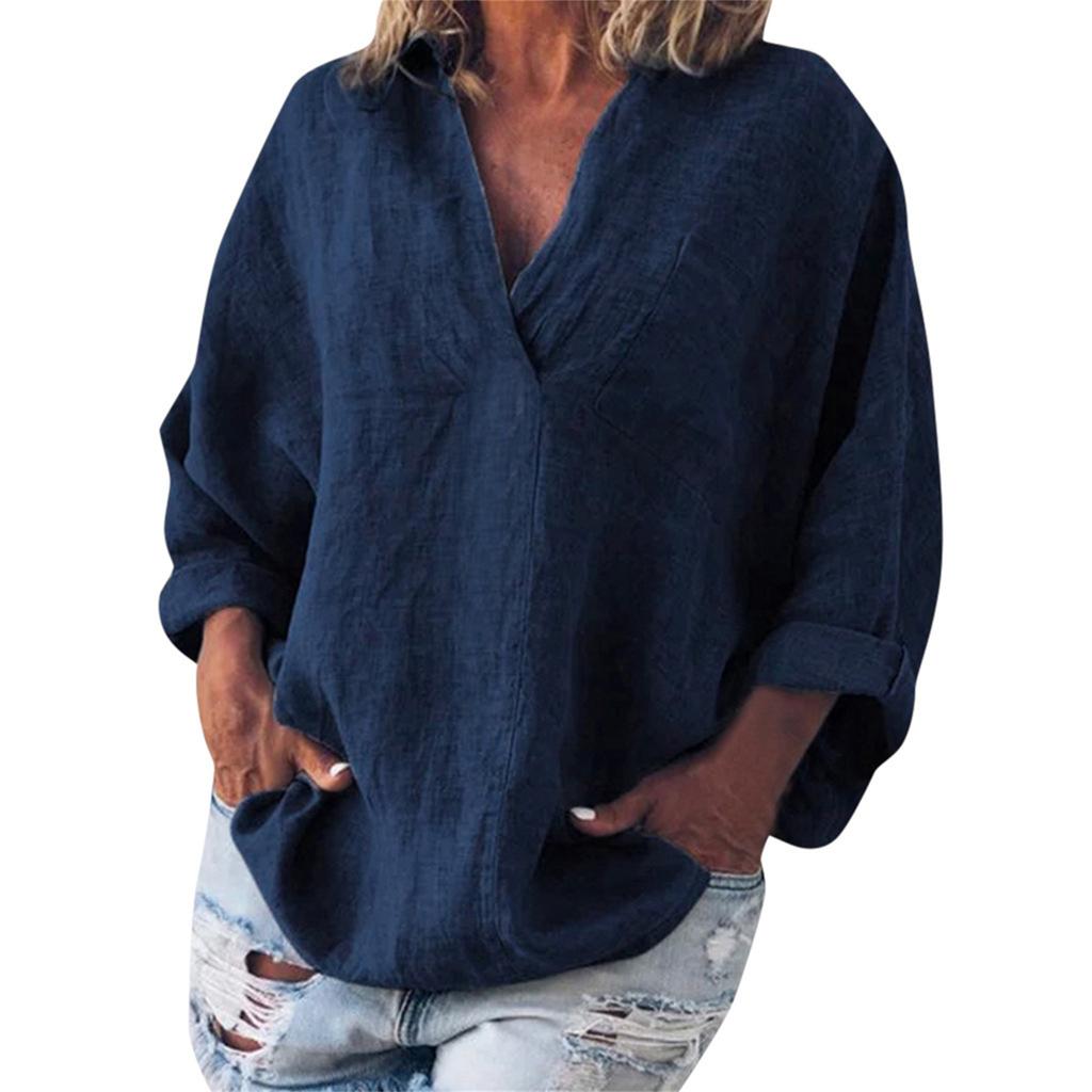 Women's plus size color imitation cotton and linen V-neck long sleeved pullover top