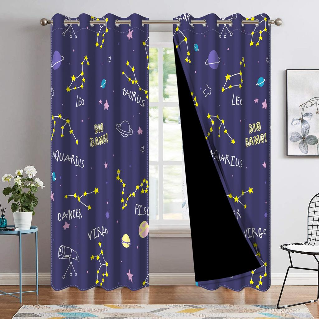 Set mit 2 Vorhängen im Weltraum-Thema Sterne Cartoon Astronomisches Design Kinderzimmer Dekoration Schlafzimmer Wohnzimmer Fenster Vorhänge Verdunkelnd Polyester Ideal