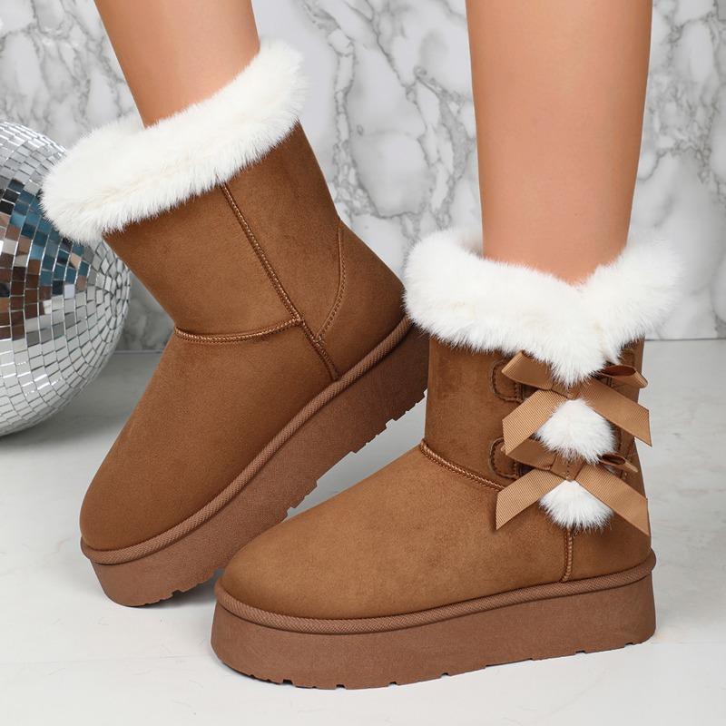 Fashion Winter Mid-calf Boots 2024 New Women's Velvet Thick Sole Anti-slip Bow Women's Boots Retro Solid Color Women's Snow Boots