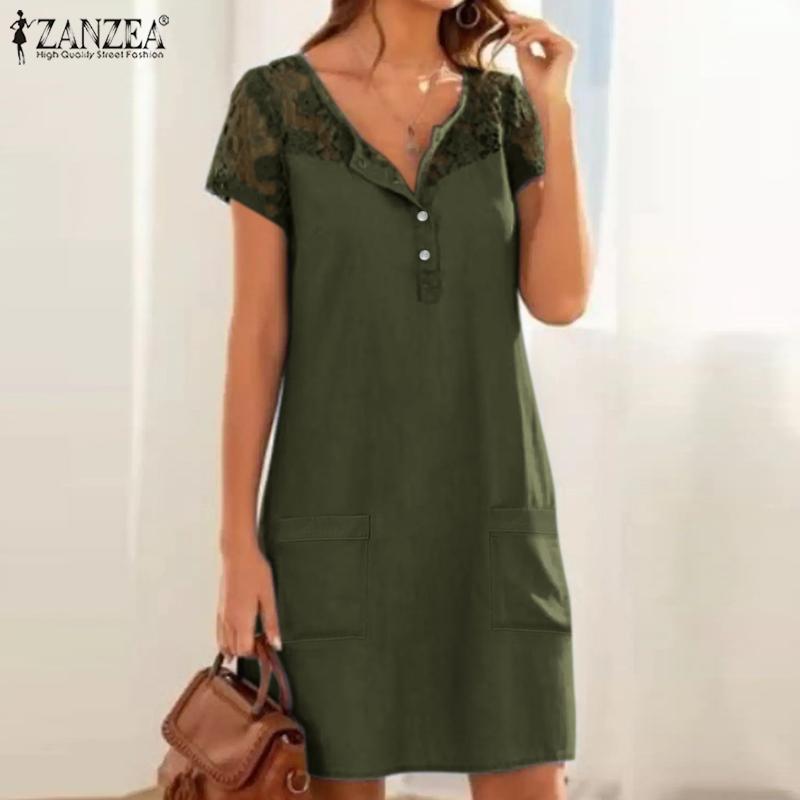 

ZANZEA Кружево Вязание крючком Повседневный O-образный вырез с коротким рукавом Женское платье