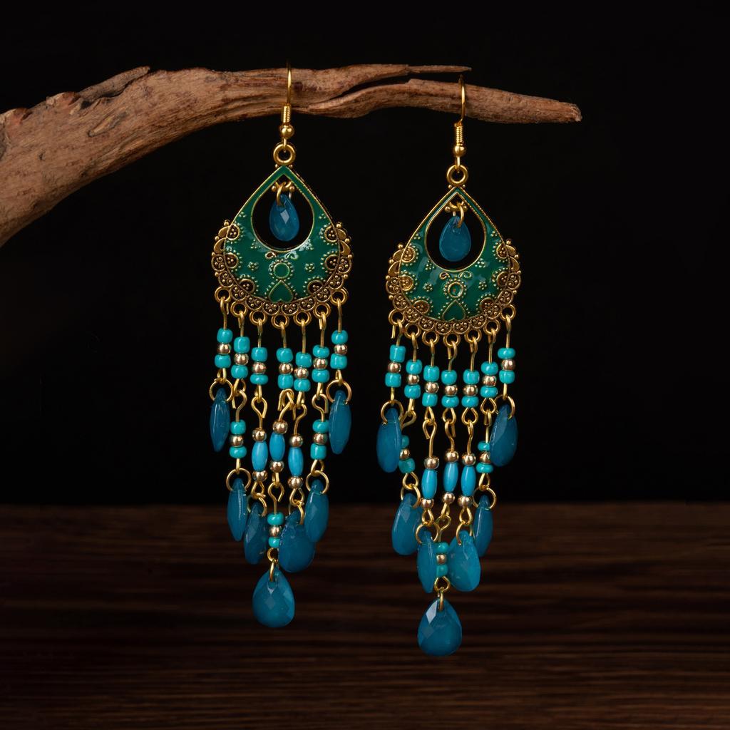 Ethnic Style Crystal Long Fringed Earrings Personalized Photo Show Face Thin Exaggerated Earrings Bohemian Travel Jewelry