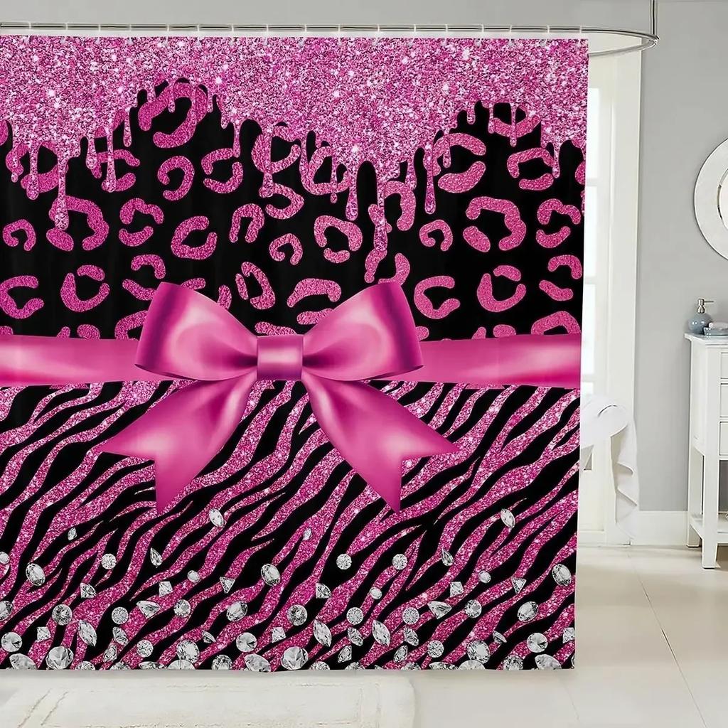 Pink Bow Glitter Shower Curtain Abstract Leopard Girl Bow Glitter Bathroom Bathtub Curtain A Variety Of Optional
