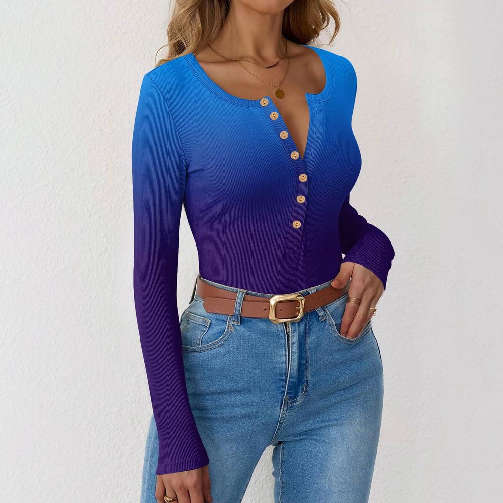 Dámské A Zimní Slim Spodní Tričko Módní Ležérní Gradientní Potisk Kulatý Výstřih Pulovr Dlouhý Rukáv Top