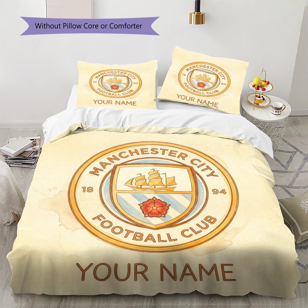 Custom Name Manchester City Pattern Bedding Quilt Set Home Decoration Gift (1 * duvet cover + 2 * pillowcase without core)