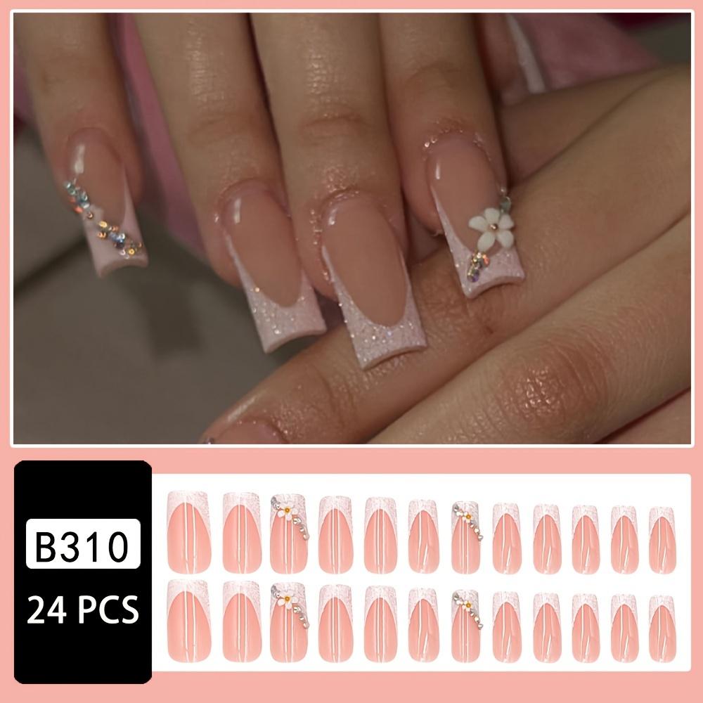

Пасха 24 шт./коробка глянцевые длинные квадратные накладные ногти, блестящий розоватый френч-пресс на ногтях с 3D-цветком, дизайн со стразами, милые накладные ногти B310-2