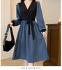 2026 Autumn Korean Style Elegant Waist-cinching Slim Fit French Retro Patchwork Midi Dress