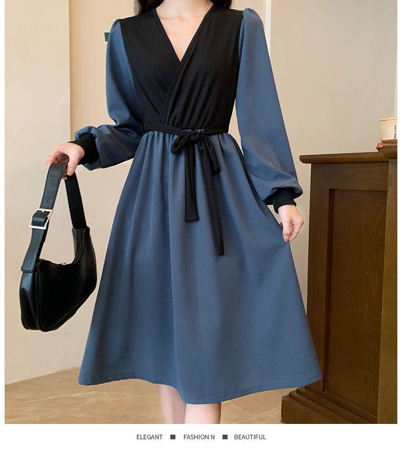 2026 Autumn Korean Style Elegant Waist-cinching Slim Fit French Retro Patchwork Midi Dress