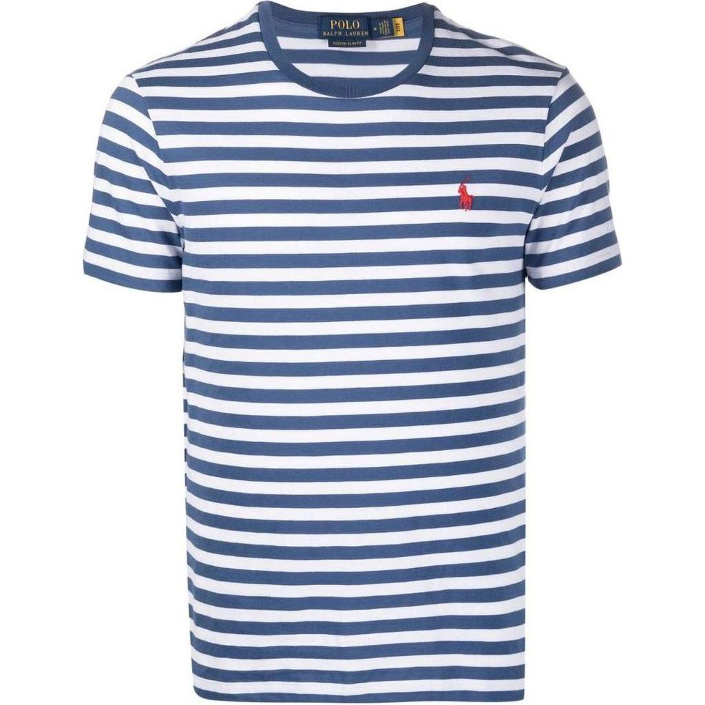 Polo Ralph Lauren SS23 Logo Embroidered Cotton Striped Crew Neck Short Sleeve T-Shirt Men Tops Blue 710906295-001