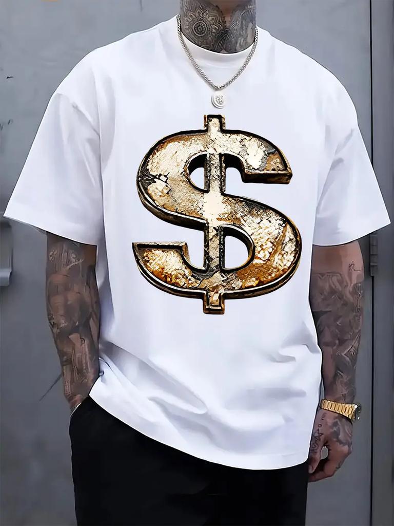 Casual Crew Neck T-shirt with Vintage Dollar Sign Print