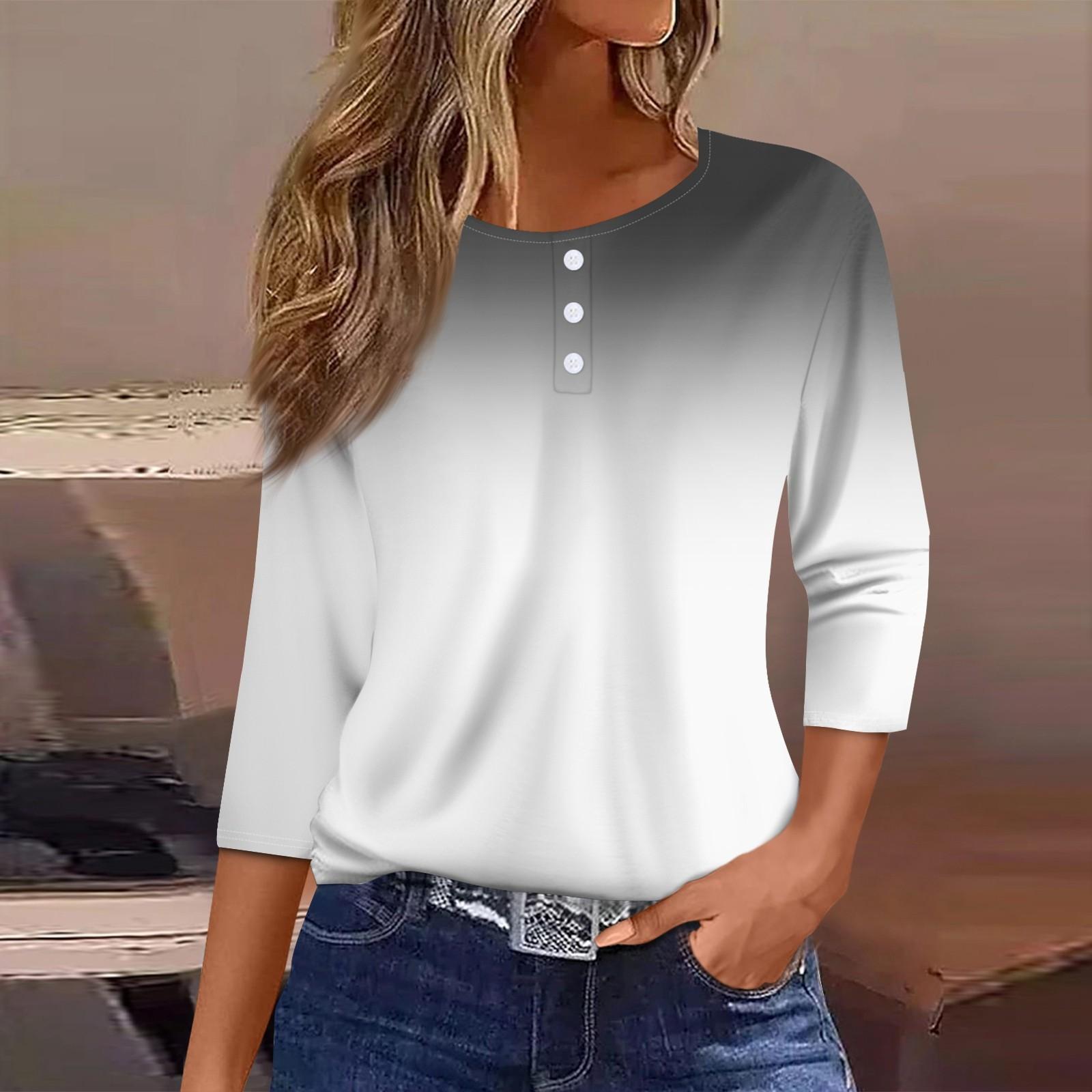 

Жен. Футболка Футболка с принтом Пуговицы Рукав 3/4 Повседневные Выходные Мода Классический Круглый вырез Обычный Топ XL белый