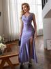 Vestido Satinado de Color Sólido Europeo y Americano Delgado con Abertura y Diseño ceñidor de Cintura