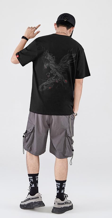 Short Sleeve with Funny Embroidery and Japanese Round Street Cool Summer Sizes FUN501 Men's T-Shirt Pattern, 100% Cotton, Unisex, Casual, Collar,