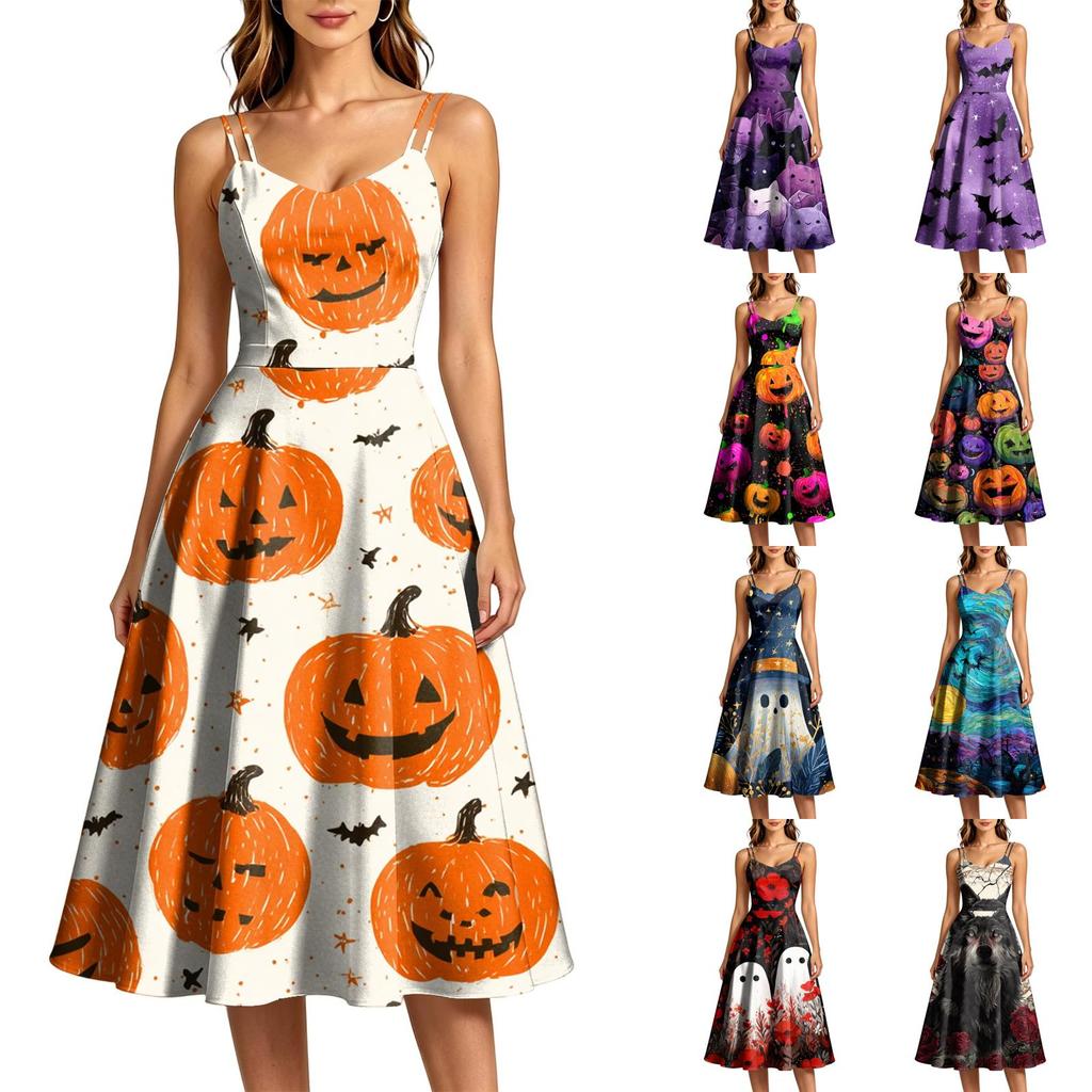 Women's Fashion Casual Sleeveless Round Neck Halloween Print Dress for Party and Daily Wear